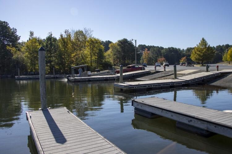 Boat ramps and floating piers on Lake Norman at Blythe Landing Park in Huntersville, NC